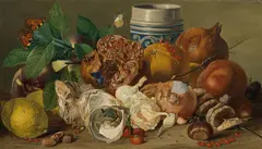 Leopold Zinnögger, Still life with fruits and oysters, oil on canvas; framed