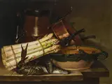 Vinzenz Kreuzer, Kitchen still life with asparagus, fish and crabs, 1842, oil on panel; framed
