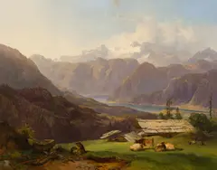Anton Hansch, View of the Dachstein with Lake Halstatt, 1845, oil on panel; framed