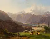 Anton Hansch, View of the Dachstein with Lake Halstatt, 1845, oil on panel; framed