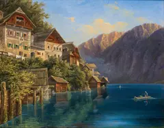 Raimund Mössmer, Lake Hallstatt, oil on cardboard; framed