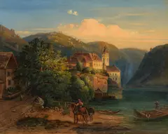 Michael Haller, Towing horses by the Danube near Dürnstein, oil on canvas; framed