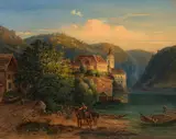 Michael Haller, Towing horses by the Danube near Dürnstein, oil on canvas; framed