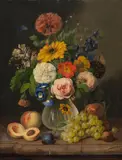 Franz Xaver Petter circle, Still life with flowers and fruits, oil on panel; framed