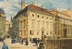 Friedrich Frank, Lobkowitzplatz, Vienna, watercolour on paper; framed