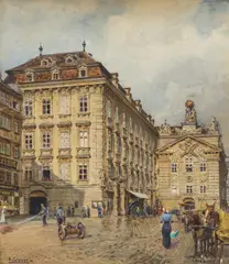 Ernst Graner, Fire station am Hof, Vienna, 1914, watercolour on paper; framed