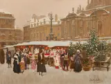 Johann Nepomuk Geller, Christmas market am Hof, Vienna, oil on cardboard; framed
