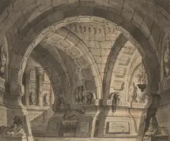 Josef Platzer, Vault with Ancient Tombs, ink and watercolour on paper; unframed