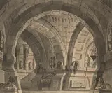 Josef Platzer, Vault with Ancient Tombs, ink and watercolour on paper; unframed