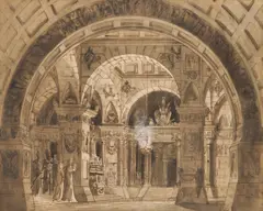 Josef Platzer, Temple Porch, ink, watercolour, opaque paints on paper; unframed