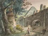 Norbert Bittner, Roman Tombs and Pyramid, watercolour, ink on paper; unframed
