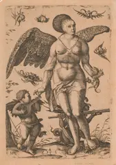 Daniel Hopfer, Lady Venus with Cupid and the Devil, etching; unframed