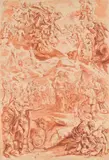 Jean Le Pautre, 1 drawing (attributed to Raymond Lafage, Moses Striking Water from the Rock), 7 prints, chalk, pencil, wash on paper; various prints; unframed, partly in cut-outs