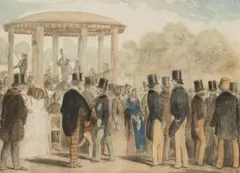 Anton Zampis, Soirée in the Viennese Volksgarten with a Concert Conducted by Johann Strauss, watercolour, pencil on paper; framed
