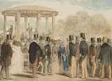 Anton Zampis, Soirée in the Viennese Volksgarten with a Concert Conducted by Johann Strauss, watercolour, pencil on paper; framed