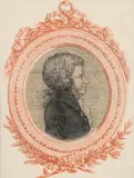 Wolfgang Amadeus Mozart, Portrait Depictions (mixed lot of 3 items), 1 drawing (pen on paper in copperplate medallion), 2 prints (Edme Quenedey & Lazarus Gottlieb Sichling); unframed