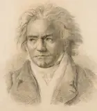 Ludwig van Beethoven, Portrait Depictions (mixed lot of 6 items), 1 drawing (charcoal on paper), 5 prints; unframed, partly framed, partly in cut-outs