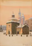 Marian Szczerbiński, Church of St. Adalbert, Kraków, 1931, gouache on cardboard; framed