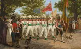 Alois Schönn, Parade of the runners on 1 May, oil on canvas; framed