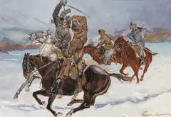 Wojciech Kossak, The battle, gouache on paper; framed