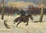 Jerzy Kossak, Wolf hunt in the winter, 1942, oil on cardboard; framed