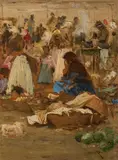 Hungarian market (oil study) by August Xaver Karl Ritter v. Pettenkofen, oil on panel; framed, sold Jun 2025