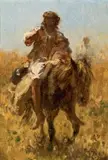 Hungarian on horseback with a child by August Xaver Karl Ritter v. Pettenkofen, c. 1865, oil on panel; framed, sold Jun 2025