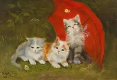 Hedwig Öhring, Three kittens under a red umbrella, oil on panel; framed