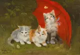 Hedwig Öhring, Three kittens under a red umbrella, oil on panel; framed