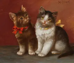Josef Heimerl, Two kittens, oil on panel; framed