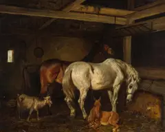 Carl Steffeck, Horses and a goat in a barn, oil on canvas; framed