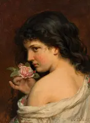Girl with roses by Karl von Blaas, oil on cardboard; framed, sold Jun 2025