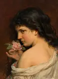 Karl von Blaas, Girl with roses, oil on cardboard; framed