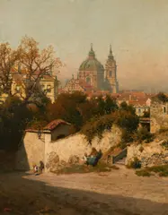 Sunny day in Prague by Jindřich Tomec, oil on canvas on Platte; framed, sold Jun 2025