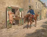 Alexander Pock, Dragoon at a butcher shop, 1932, oil on canvas; framed