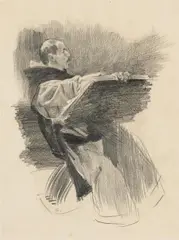 Josef Engelhart, Seated monk; Man with raised hat (mixed lot: 2 sketches), chalk on paper; framed