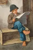 Guido Levorati, Eureka" - A boy reading the paper, 1905, gouache on cardboard; framed