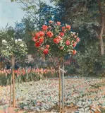 Auguste Doll, Blooming flowers in the garden, gouache on paper; framed