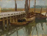 Boats in the harbour by Carl O’Lynch of Town, oil on cardboard; framed, sold Jun 2025
