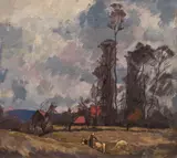 Heinrich Krause, Landscape with sheep, oil on canvas; framed