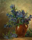 Paula Wildhack, Still life with swallow-wort gentian, 1921, oil on cardboard; framed