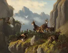 Moritz Müller, Chamois hunt in the mountains, 1875, oil on canvas; framed