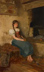 Franz Defregger, Tyrolian girl, oil on panel; framed