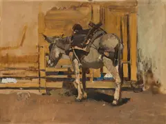a saddled donkey (study from Ragusa) by Emil Jakob Schindler, 1887/88, oil on paper; framed, sold Jun 2025