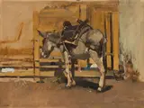 Emil Jakob Schindler, a saddled donkey (study from Ragusa), 1887/88, oil on paper; framed