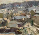 August Rieger, Winter village landscape, oil on cardboard; framed