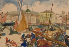 Oskar Laske, Harbour in the south, watercolour on paper; framed