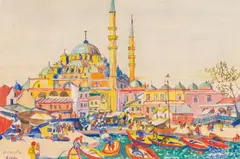 Oskar Laske, Moschee der Sultan Valide in Stambul, Konstantinopel, 1911, watercolour, opaque white and pencil on paper; framed