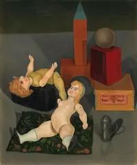 Rudolf Wacker, Stillleben mit zwei nackten Puppen (Schachteln, Ball, Bausteine), 1926, oil on plywood; framed