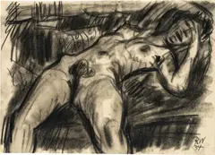 Rudolf Wacker, Reclining female nude, 1934, black chalk on paper; framed